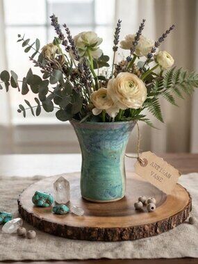 Hand Thrown Studio Pottery Vase Turquoise Drip Glaze Signed